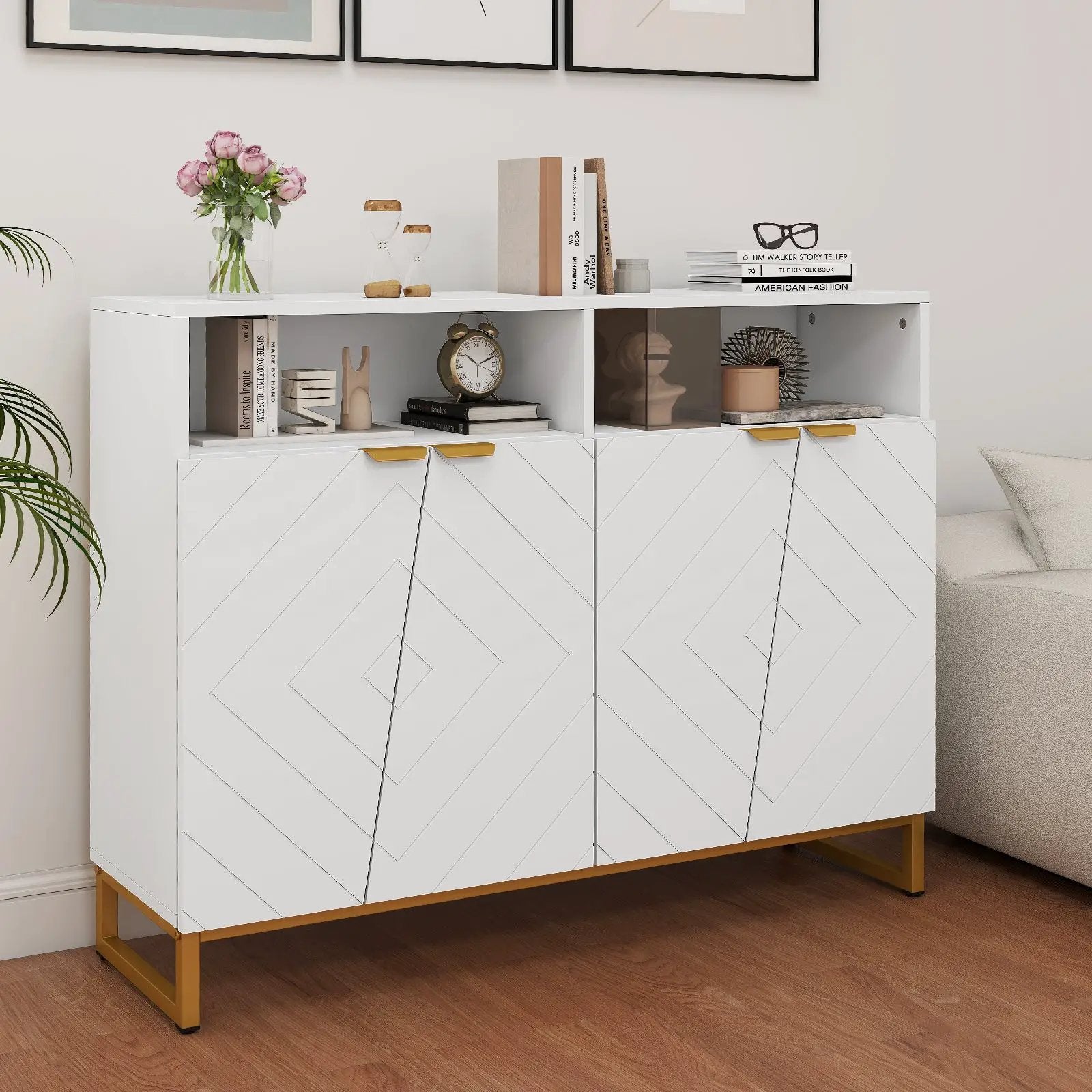 Modern Sideboard Cabinet with 4 Doors and Adjustable Shelves-White by DirectDeals