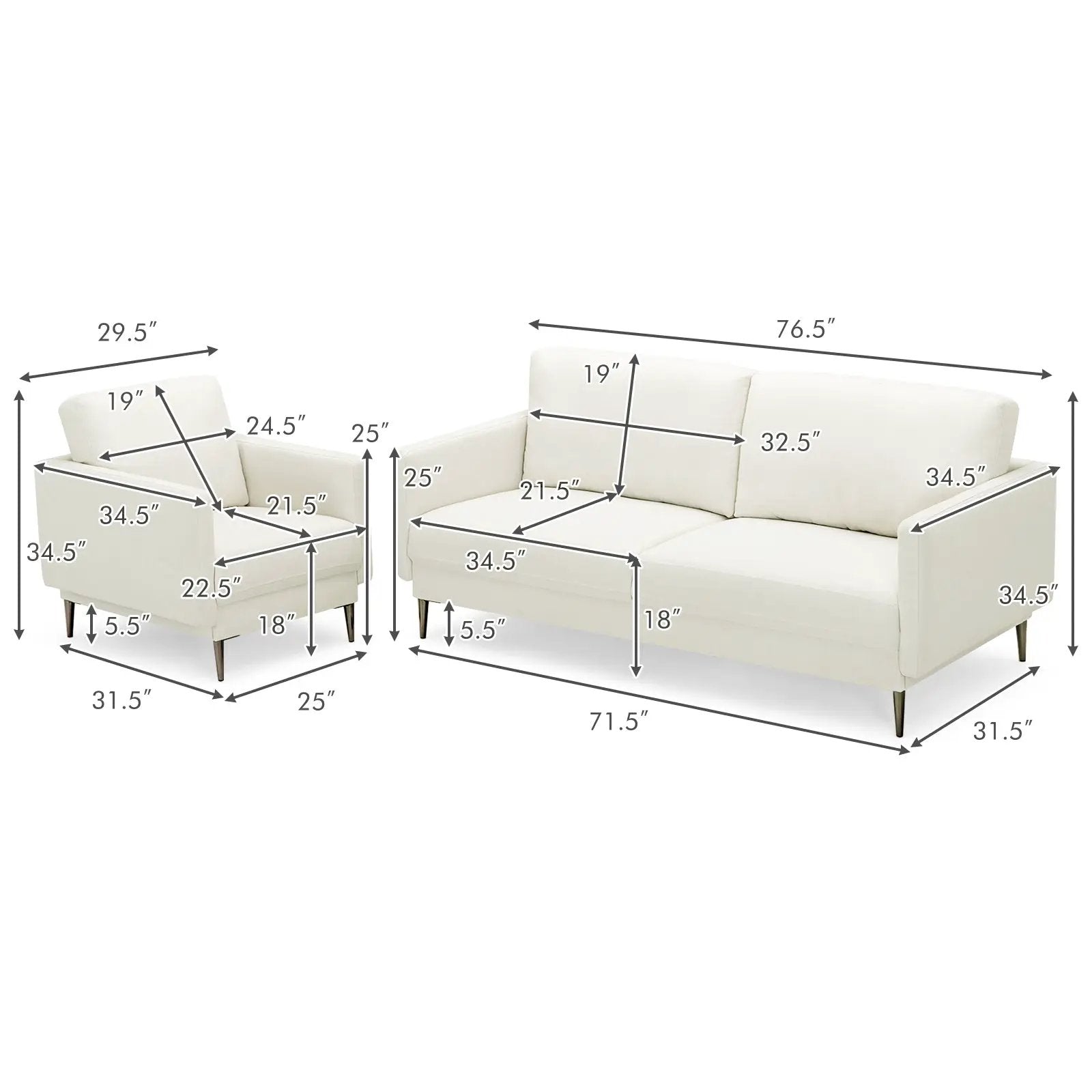 Modern Sofa Couch with Solid Metal Legs and Removable Backrest Cushion-Gray by DirectDeals