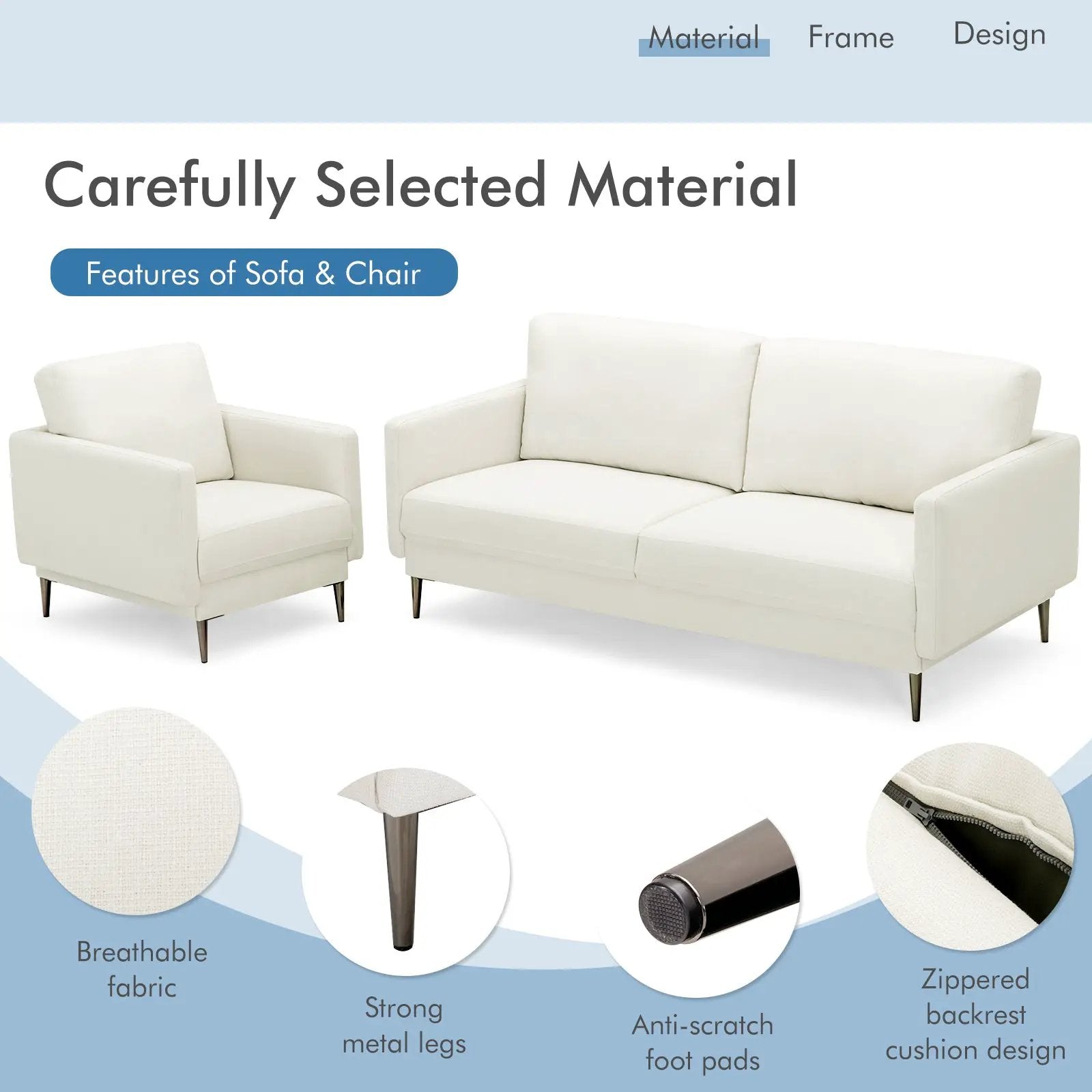 Modern Sofa Couch with Solid Metal Legs and Removable Backrest Cushion-Gray by DirectDeals