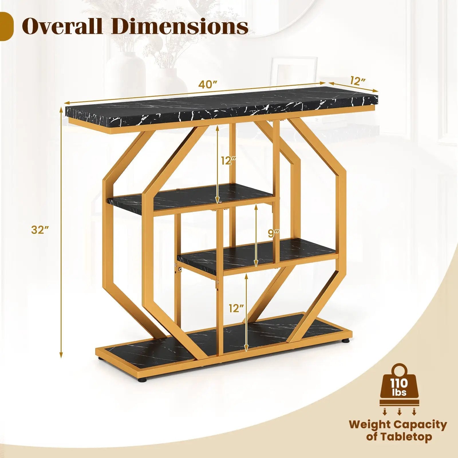 Modern Sofa Table Behind Couch 4-Tier Console Table with Faux Marble Tabletop-Black by DirectDeals