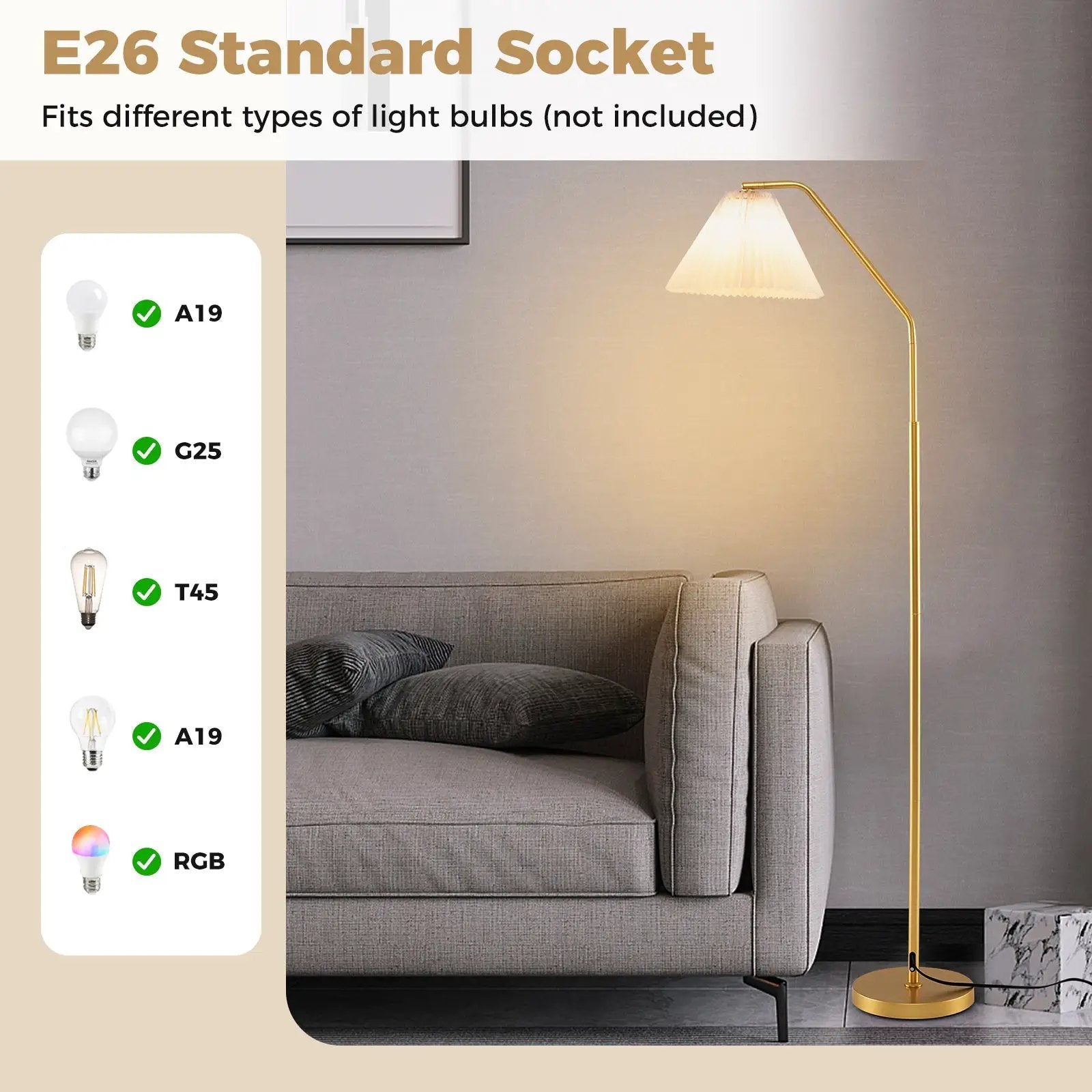 Modern Standing Lamp with Adjustable Lamp Head and Pleated Lampshade by DirectDeals