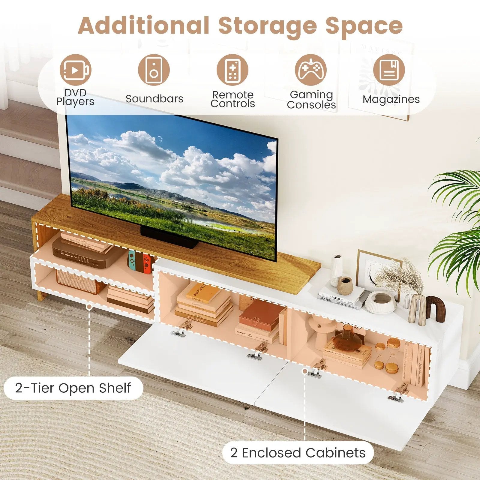 Modern TV Stand for 80 Inches TVs with Storage Shelves and Cabinets-White by DirectDeals