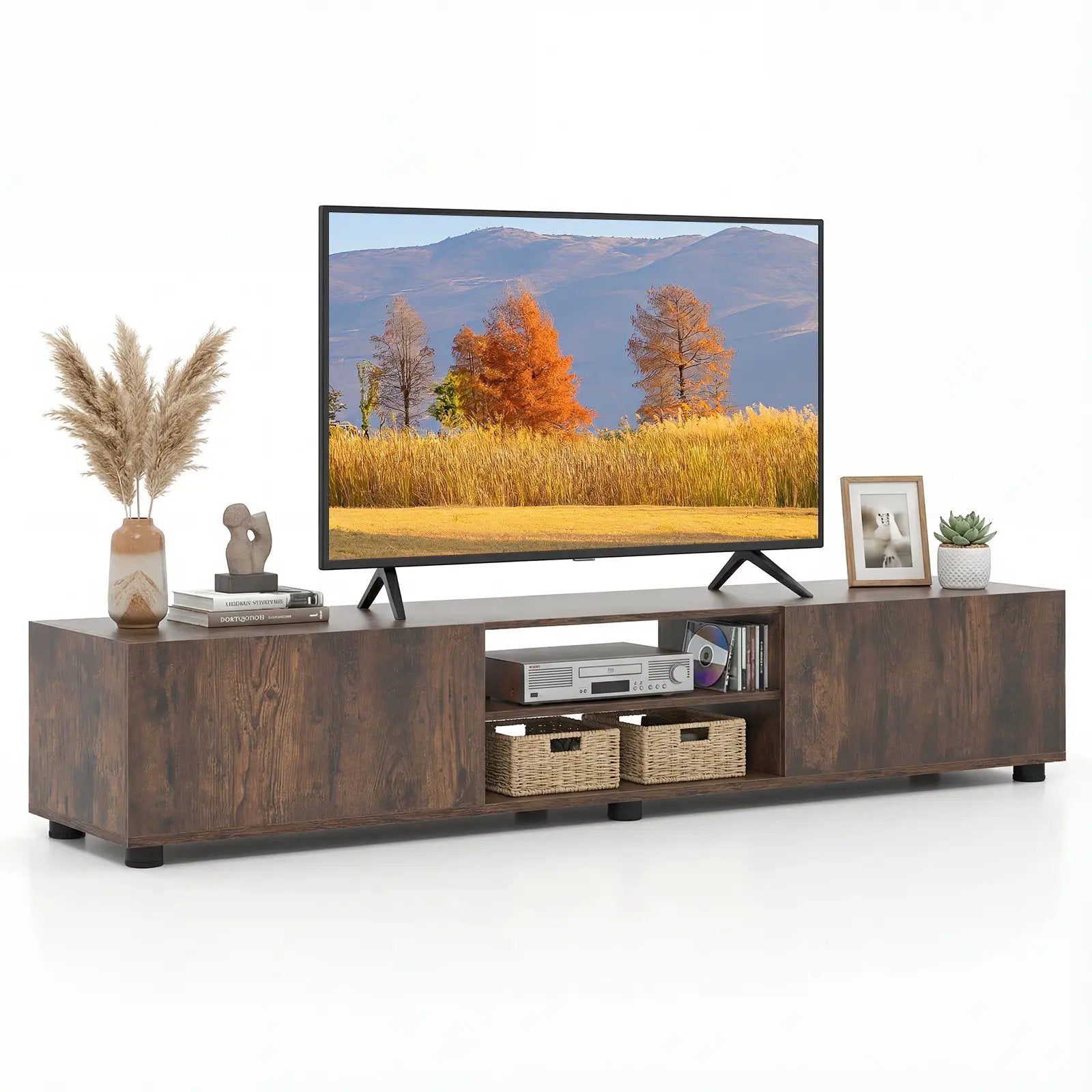 Modern TV Stand for up to 70" TVs Minimalist Entertainment Center with 2 Doors and Open Shelves-Rustic Brown by DirectDeals