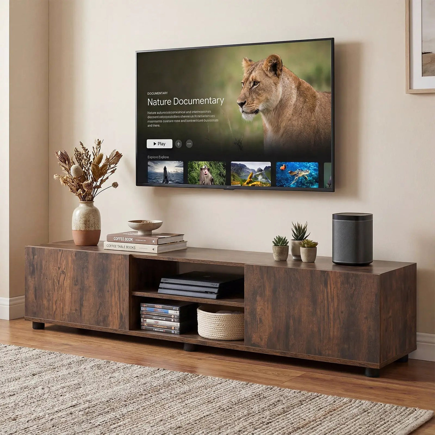 Modern TV Stand for up to 70" TVs Minimalist Entertainment Center with 2 Doors and Open Shelves-Rustic Brown by DirectDeals