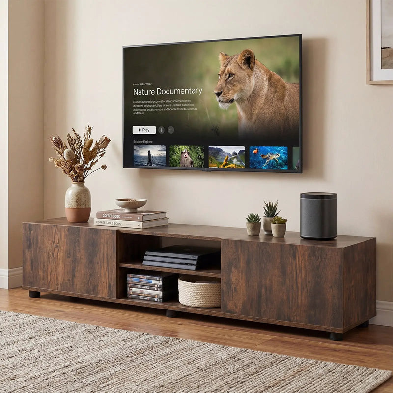 Modern TV Stand for up to 70" TVs Minimalist Entertainment Center with 2 Doors and Open Shelves-Rustic Brown by DirectDeals