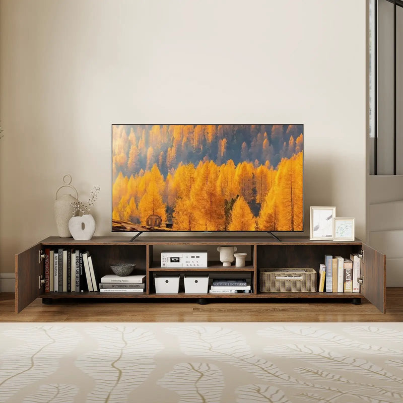 Modern TV Stand for up to 70" TVs Minimalist Entertainment Center with 2 Doors and Open Shelves-Rustic Brown by DirectDeals