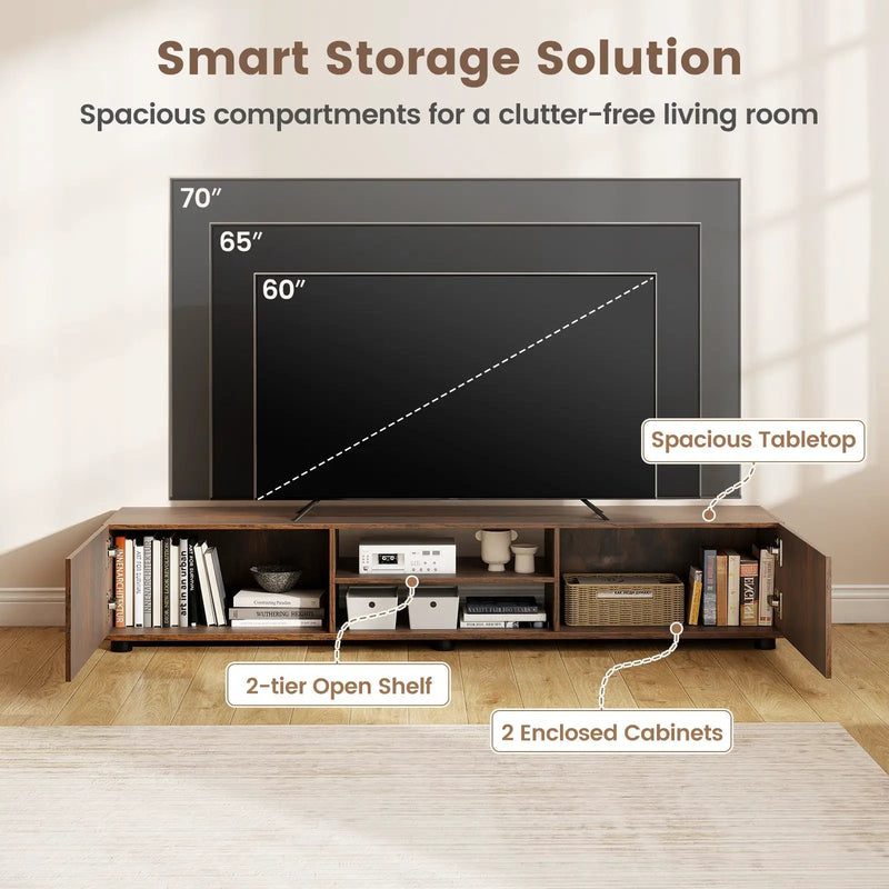 Modern TV Stand for up to 70" TVs Minimalist Entertainment Center with 2 Doors and Open Shelves-Rustic Brown by DirectDeals