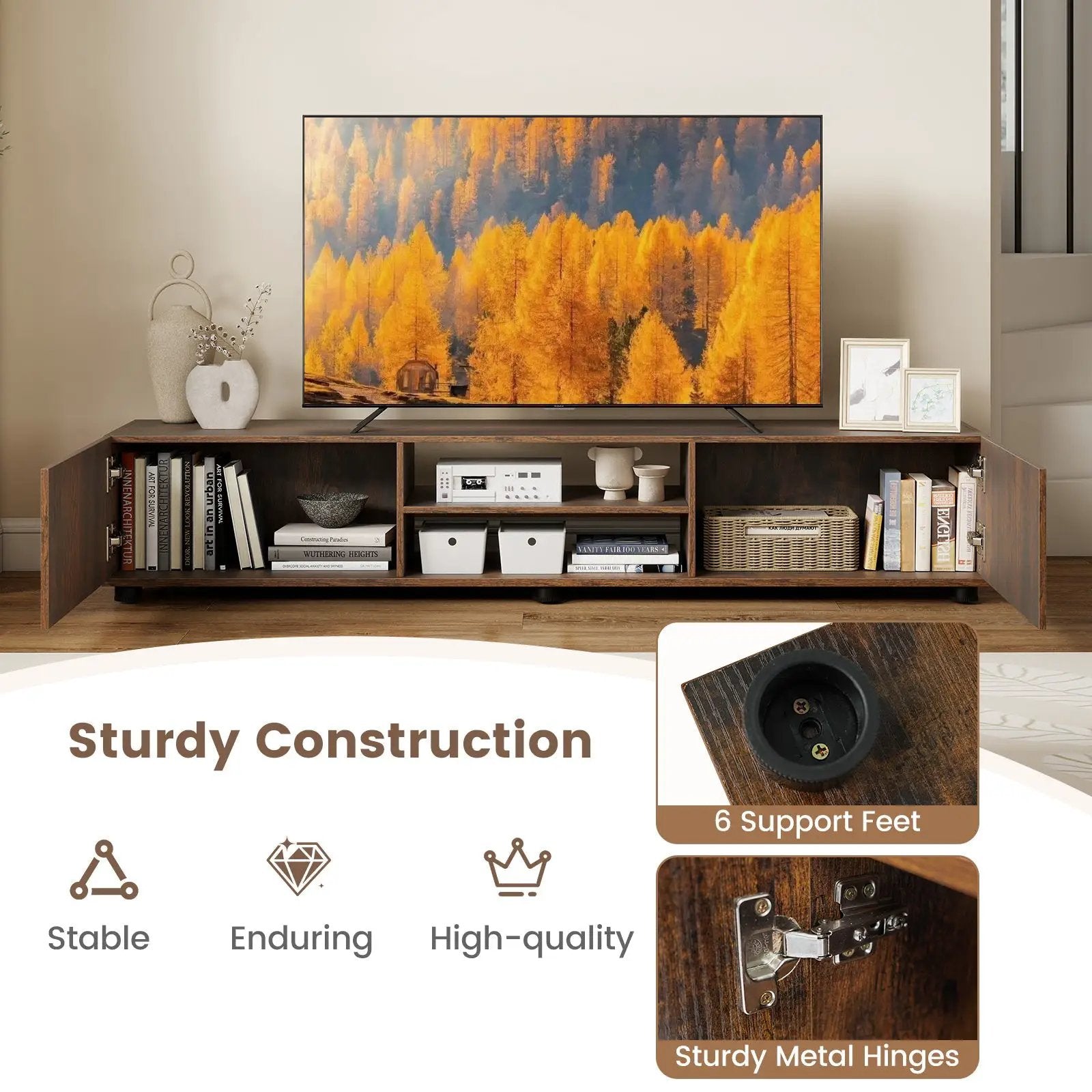 Modern TV Stand for up to 70" TVs Minimalist Entertainment Center with 2 Doors and Open Shelves-Rustic Brown by DirectDeals
