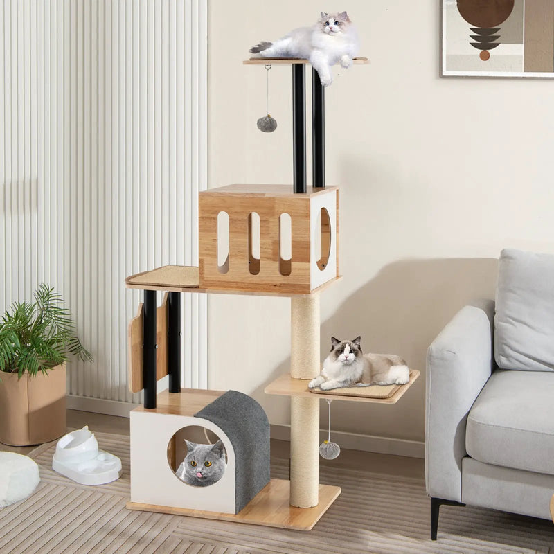 Modern Tall Cat Tower with Double Condos with Dangling Balls and Sisal Carpets-Natural by DirectDeals