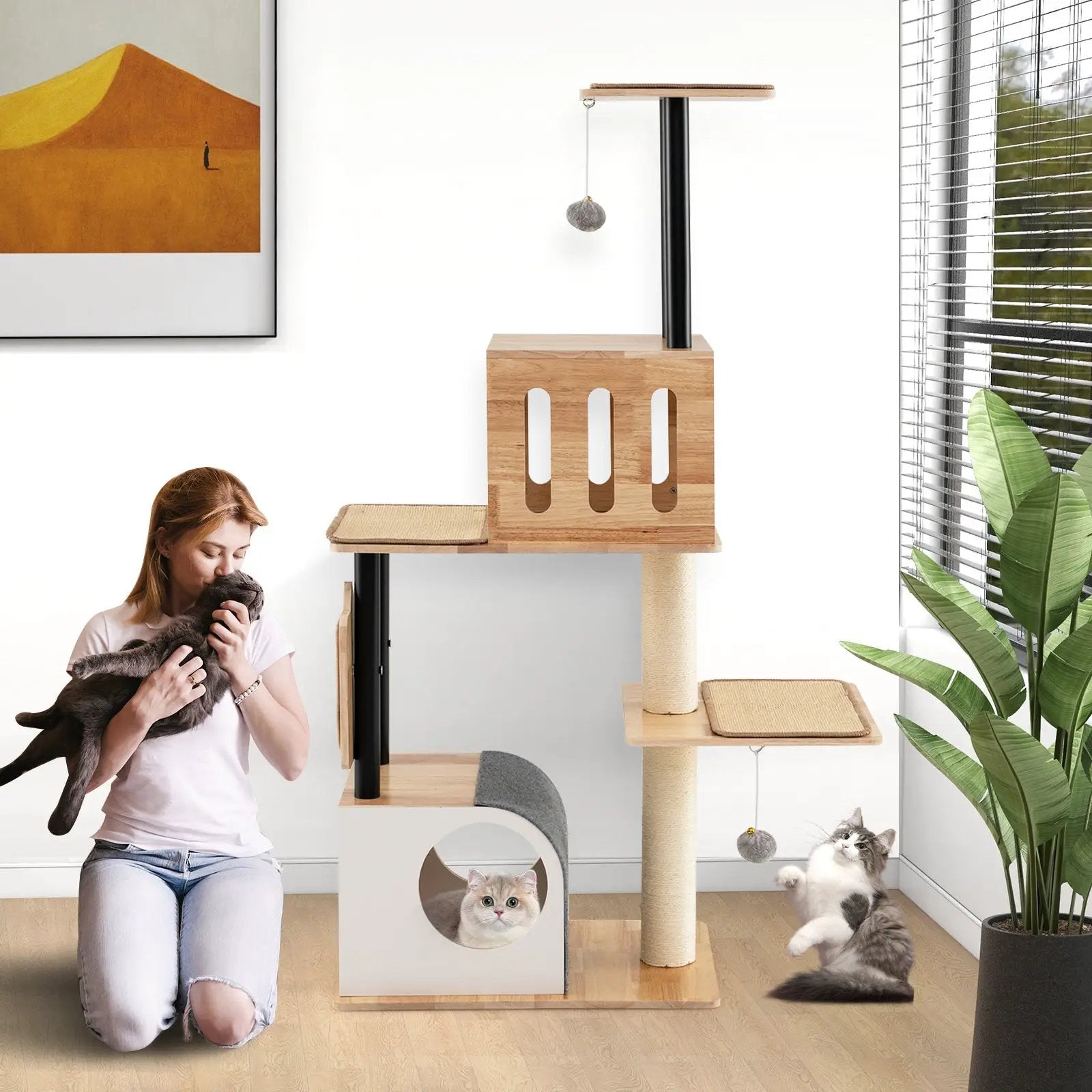 Modern Tall Cat Tower with Double Condos with Dangling Balls and Sisal Carpets-Natural by DirectDeals