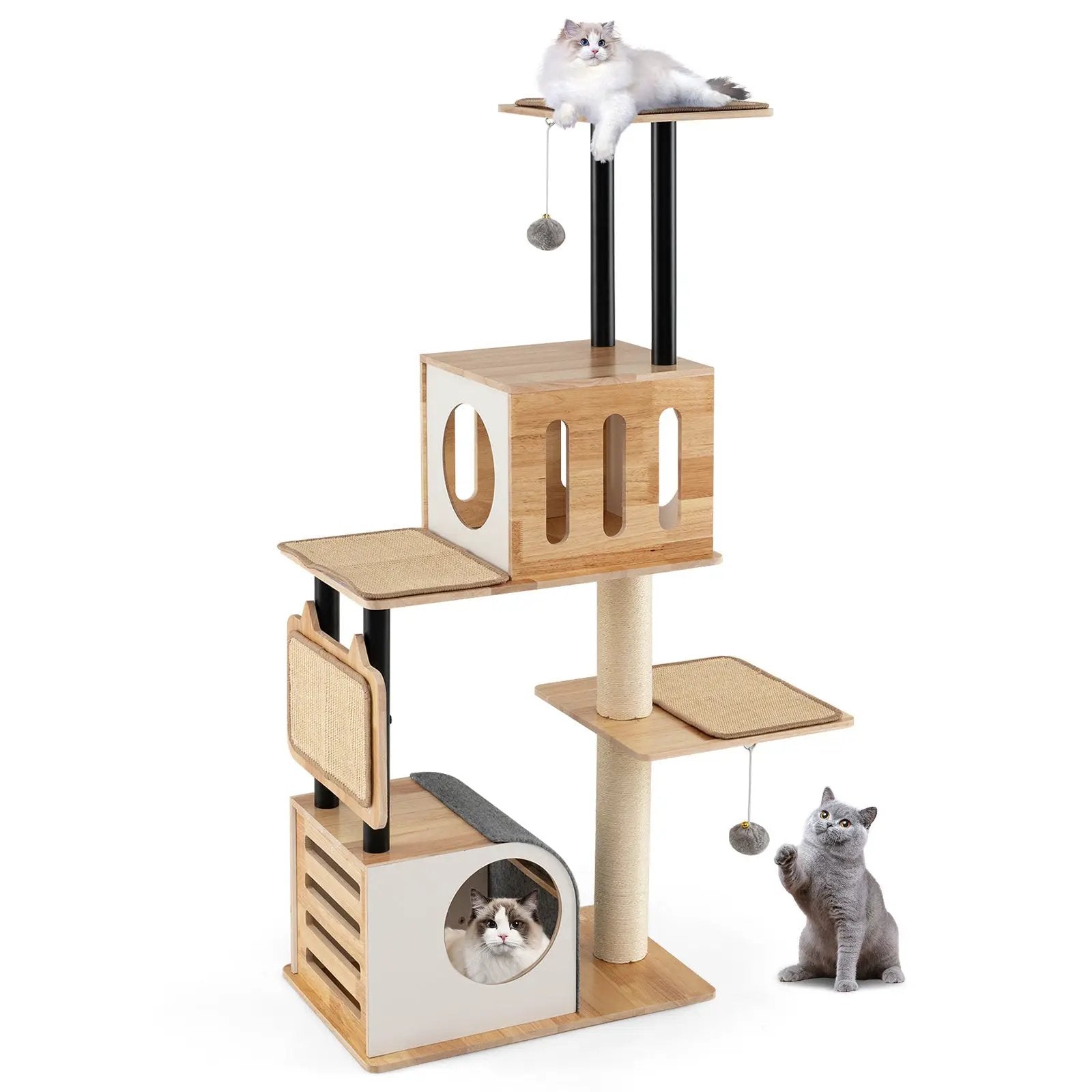 Modern Tall Cat Tower with Double Condos with Dangling Balls and Sisal Carpets-Natural by DirectDeals