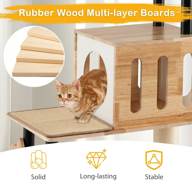 Modern Tall Cat Tower with Double Condos with Dangling Balls and Sisal Carpets-Natural by DirectDeals