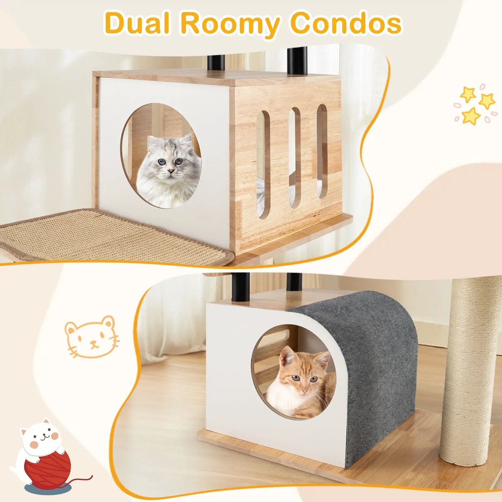 Modern Tall Cat Tower with Double Condos with Dangling Balls and Sisal Carpets-Natural by DirectDeals