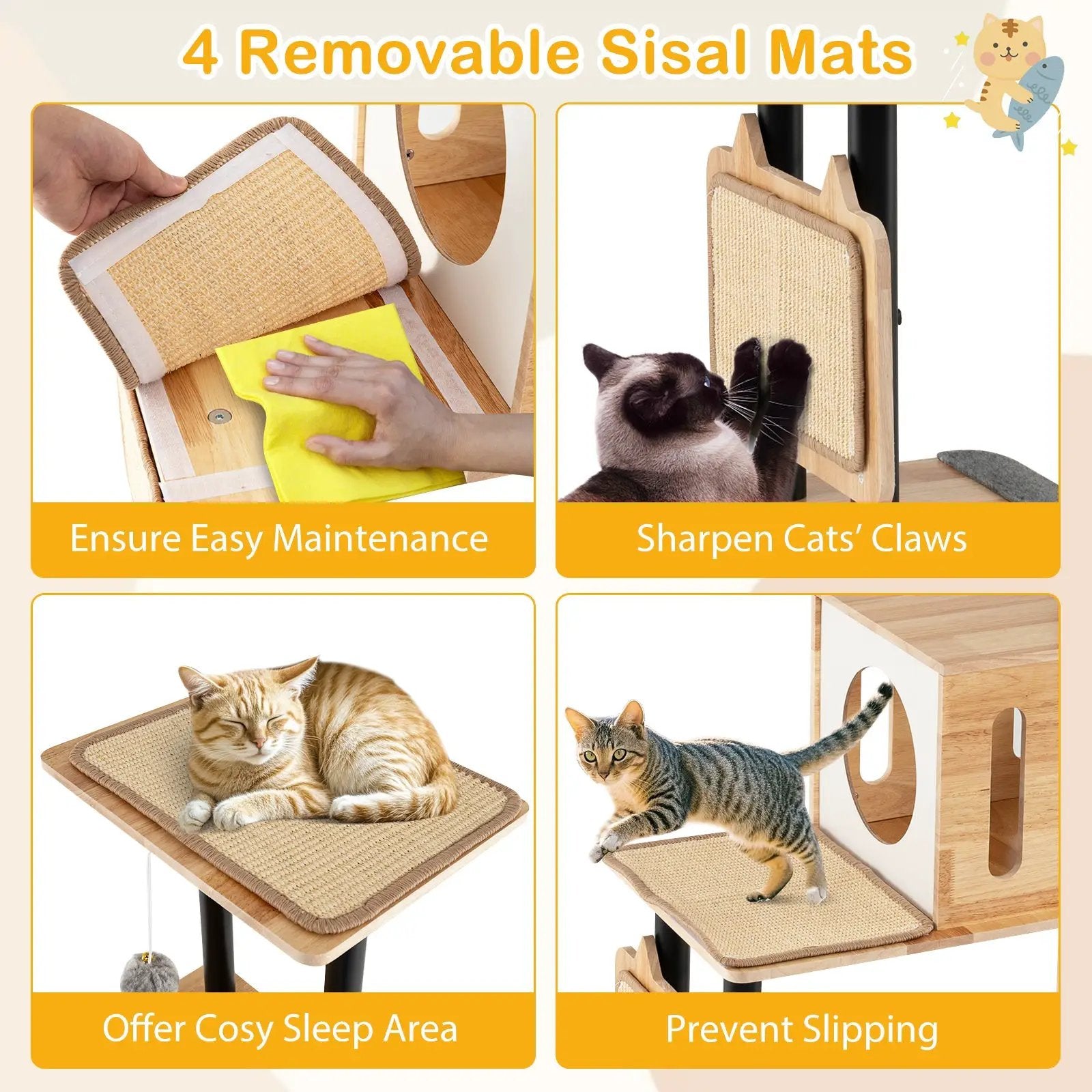 Modern Tall Cat Tower with Double Condos with Dangling Balls and Sisal Carpets-Natural by DirectDeals