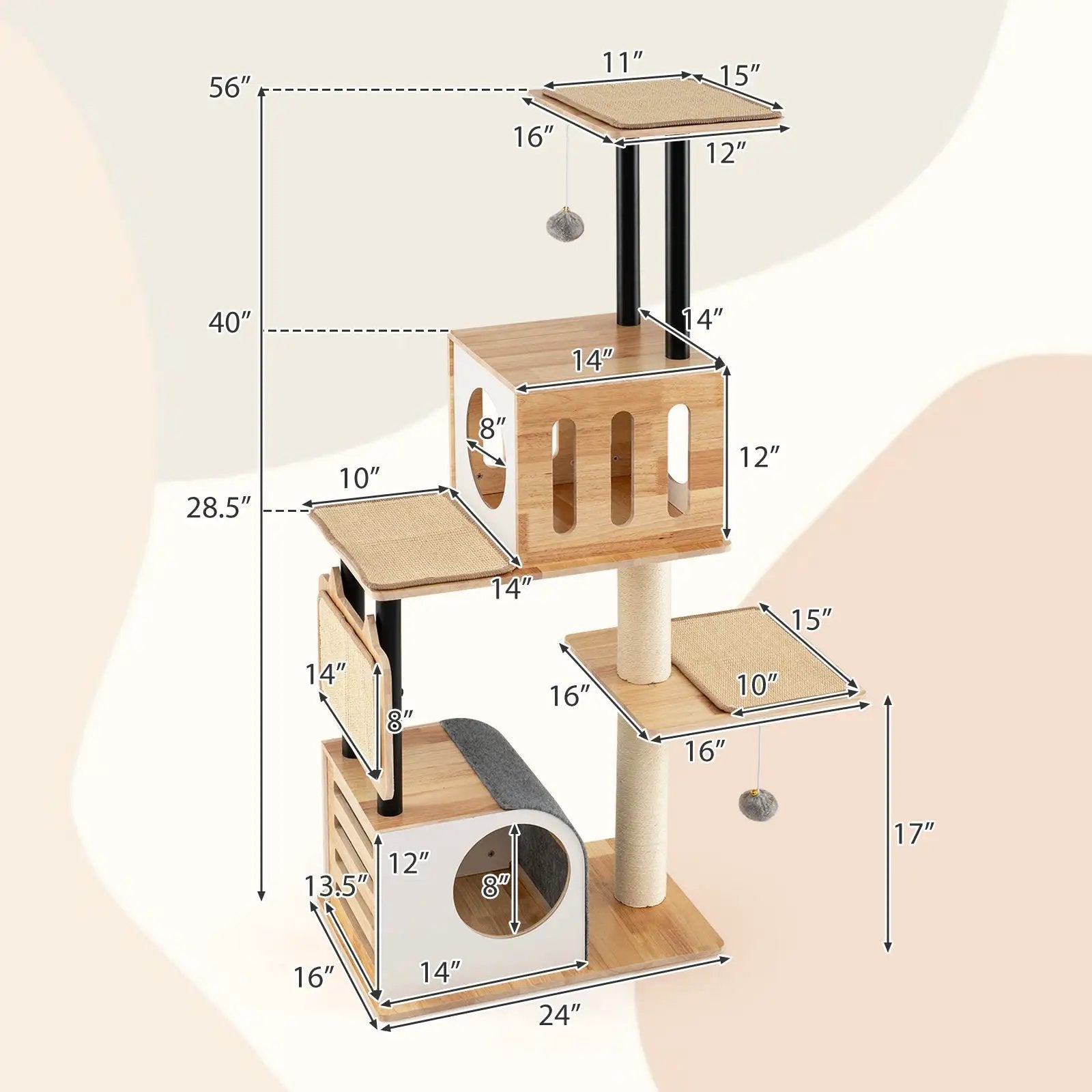 Modern Tall Cat Tower with Double Condos with Dangling Balls and Sisal Carpets-Natural by DirectDeals