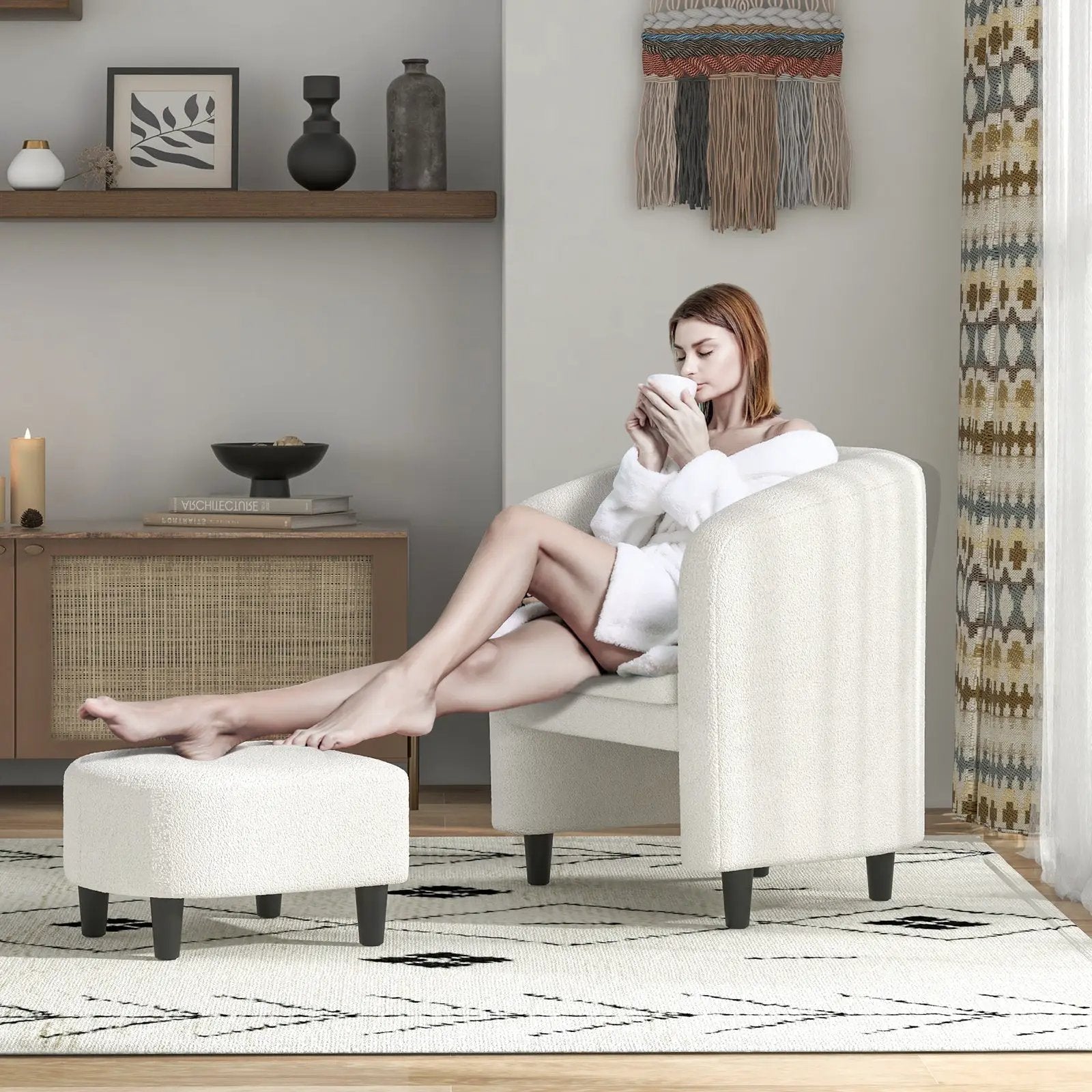 Modern Upholstered Barrel Teddy Velvet Chair with Ottoman by DirectDeals