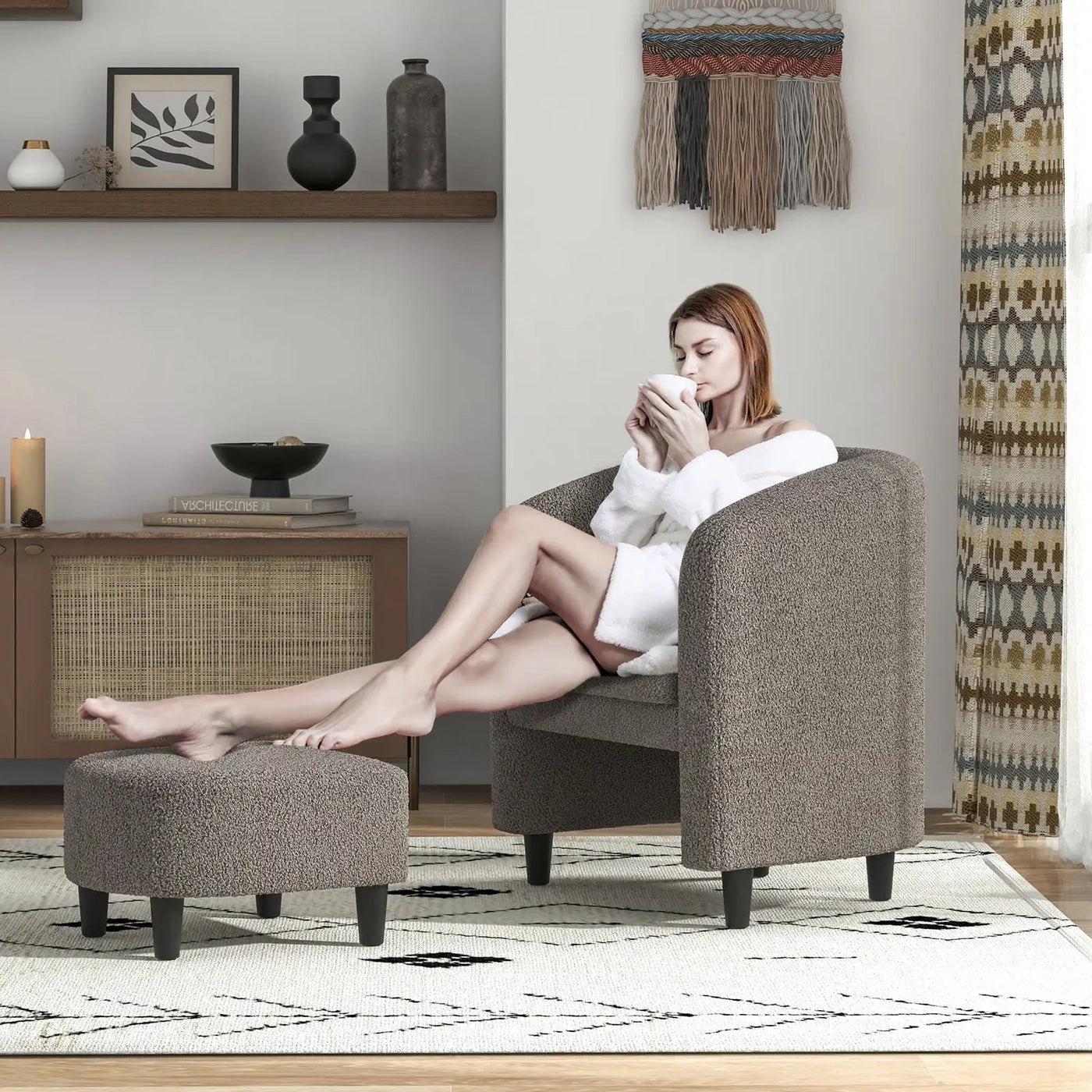 Modern Upholstered Barrel Teddy Velvet Chair with Ottoman by DirectDeals