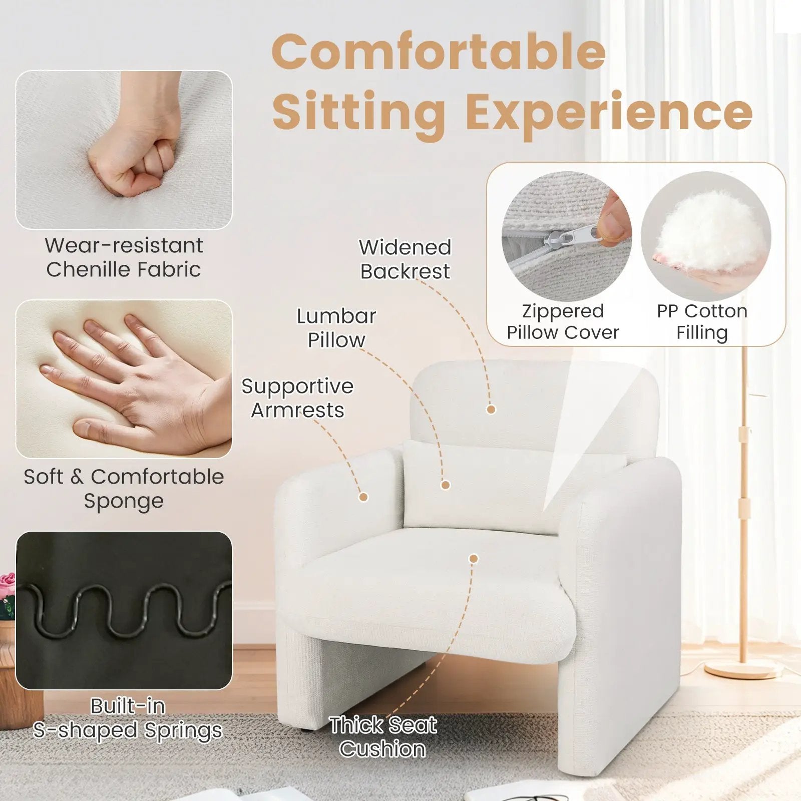 Modern Upholstered Chenille Accent Chair with Removable Lumbar Pillow-White by DirectDeals