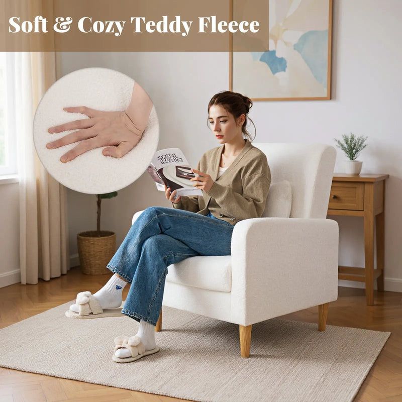 Modern Upholstered Sofa chair with Lumbar Pillow and Teddy Fleece Cover-White by DirectDeals