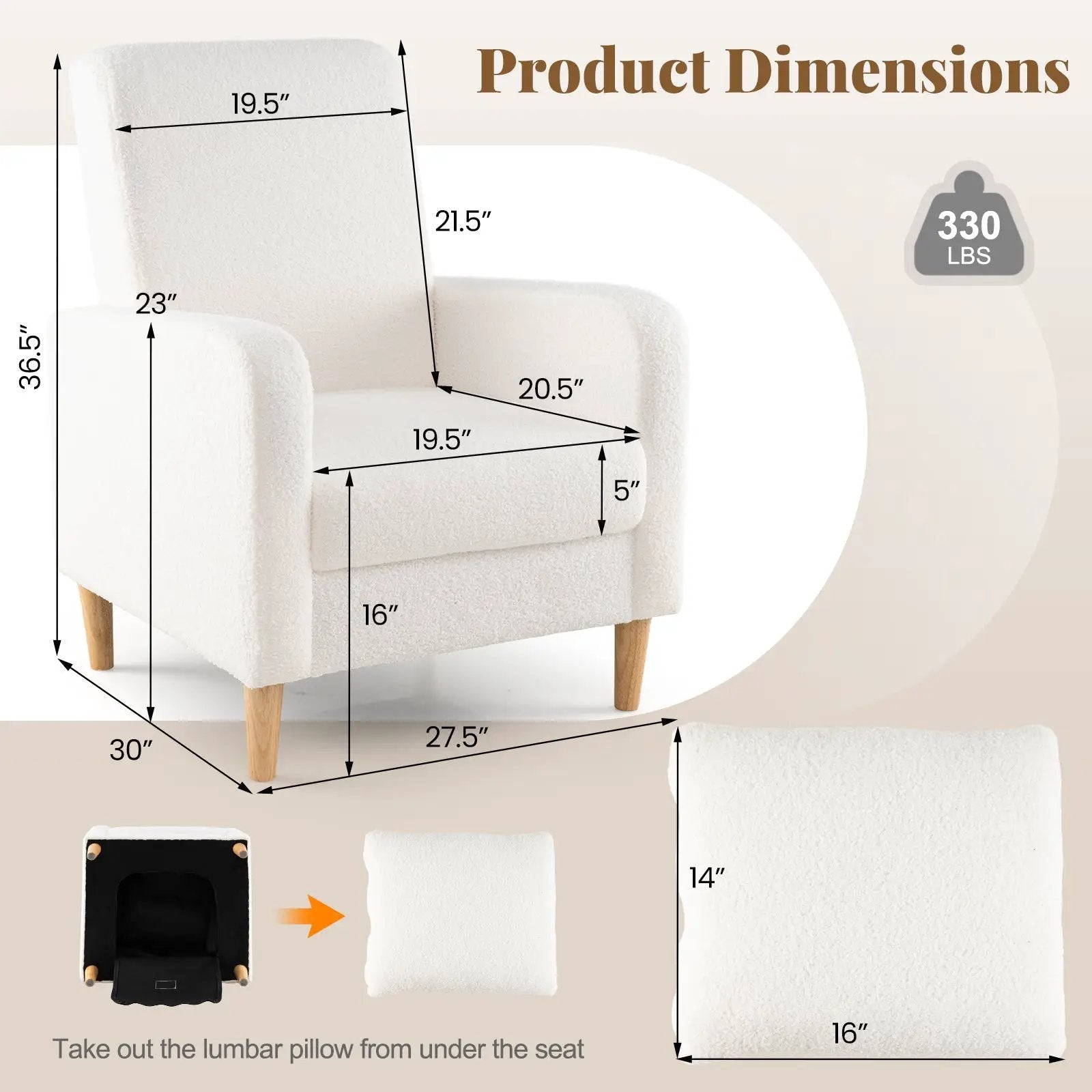 Modern Upholstered Sofa chair with Lumbar Pillow and Teddy Fleece Cover-White by DirectDeals
