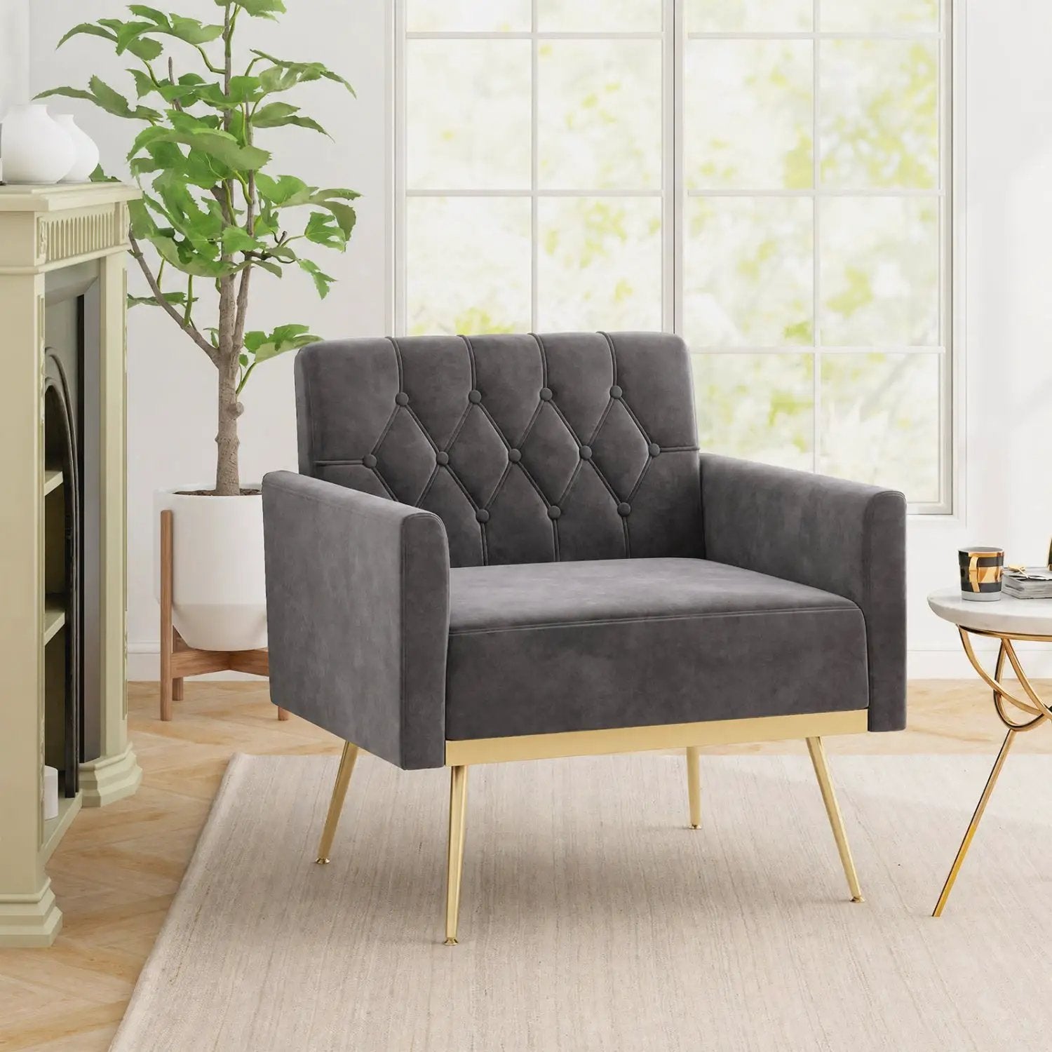 Modern Velvet Upholstered Accent Chair with Button-Tufted Back and Adjustable Feet by DirectDeals