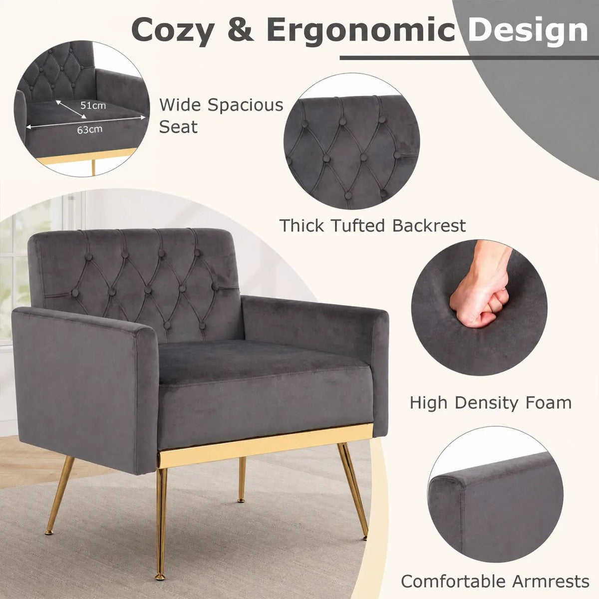 Modern Velvet Upholstered Accent Chair with Button-Tufted Back and Adjustable Feet by DirectDeals