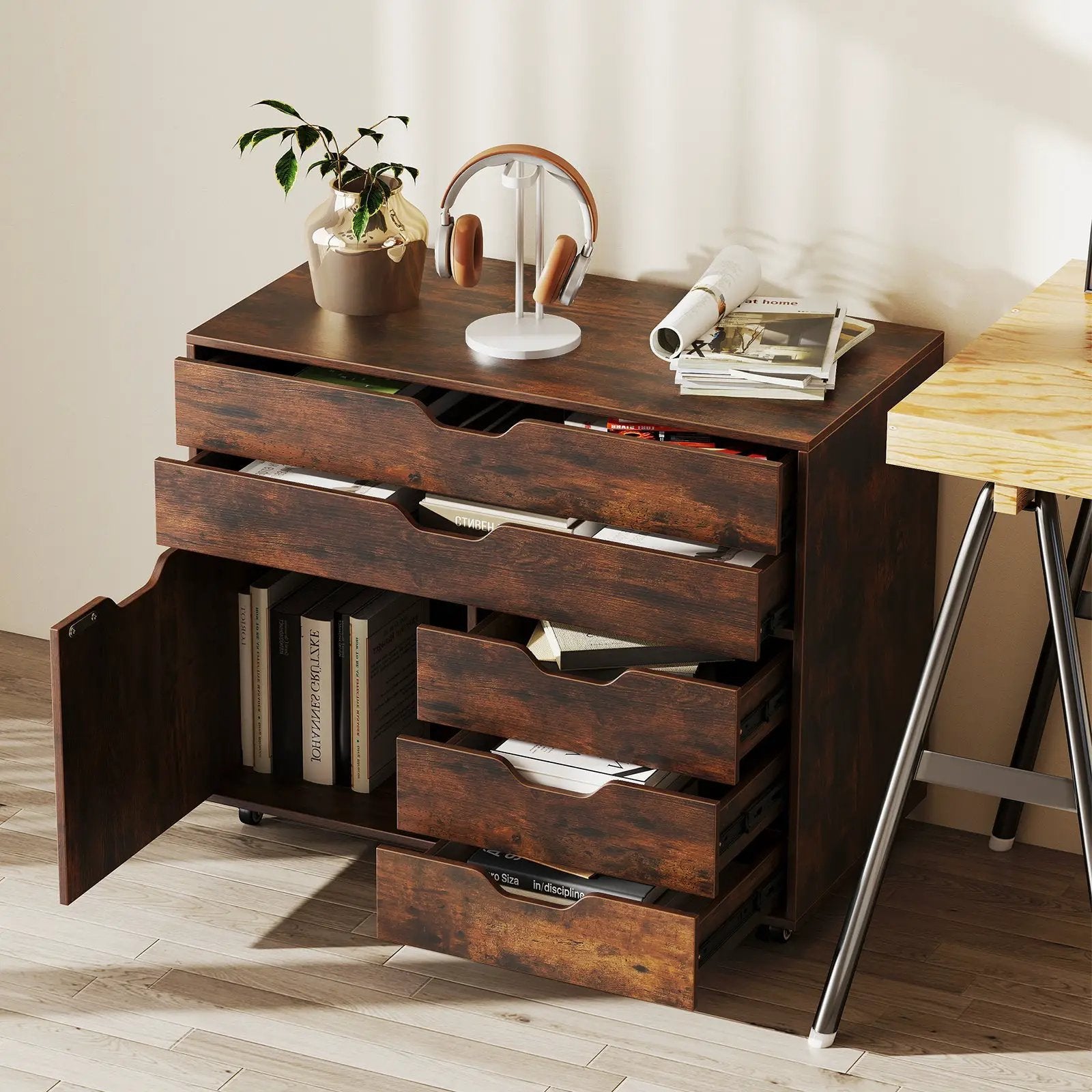 Modern Vertical 5-Drawer Mobile Chest with Door 5 Casters by DirectDeals