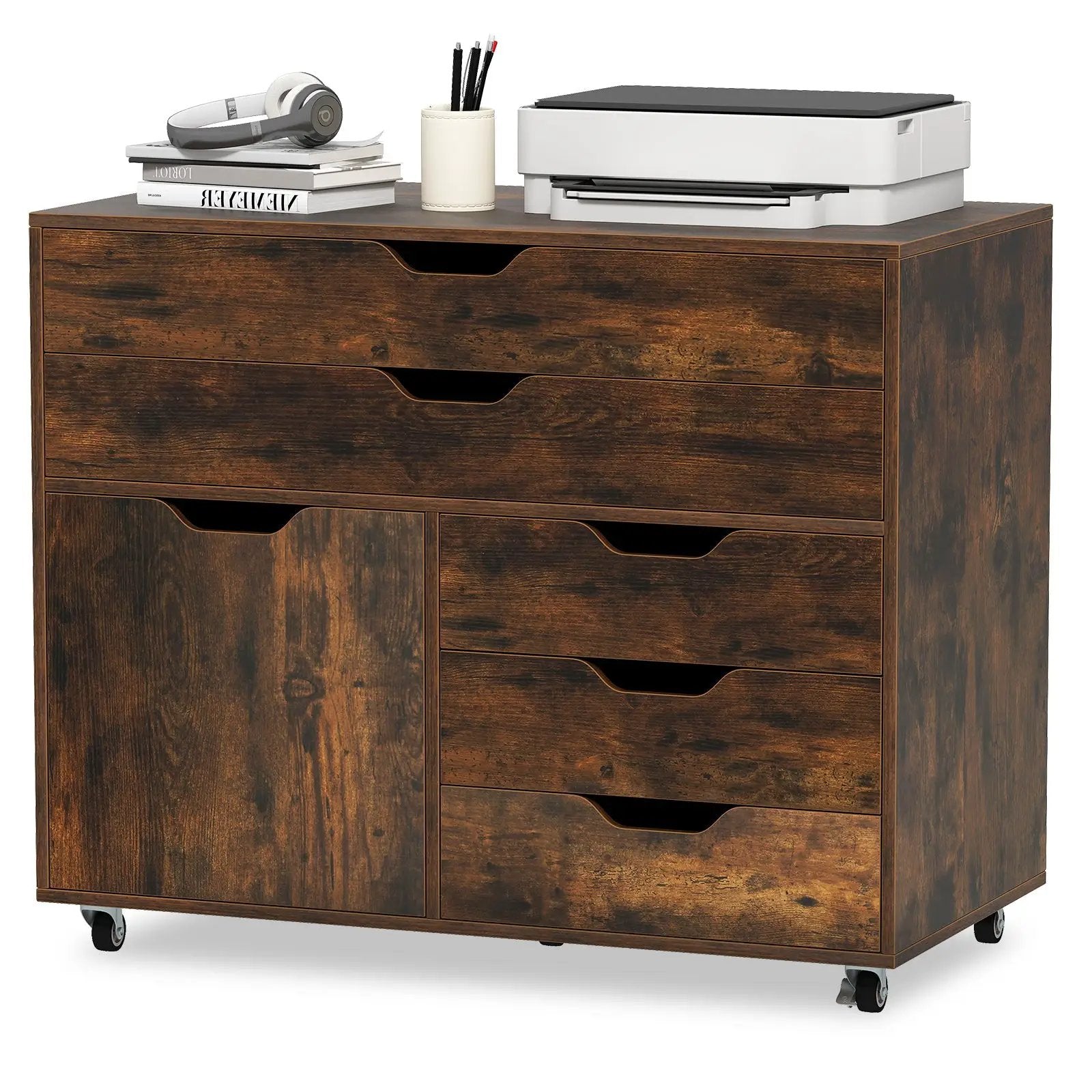 Modern Vertical 5-Drawer Mobile Chest with Door 5 Casters by DirectDeals