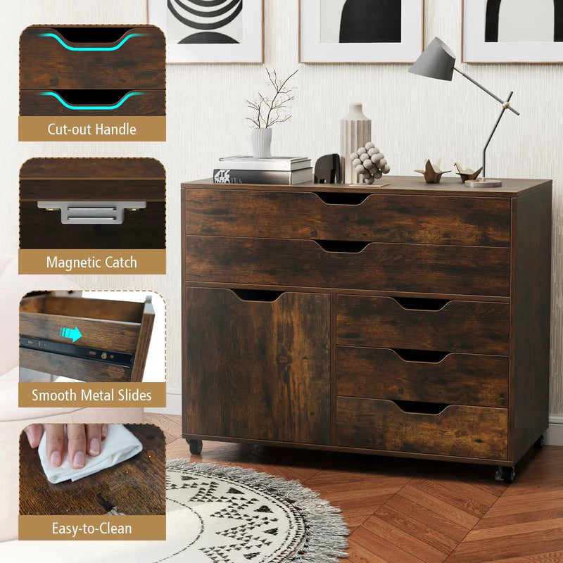 Modern Vertical 5-Drawer Mobile Chest with Door 5 Casters by DirectDeals
