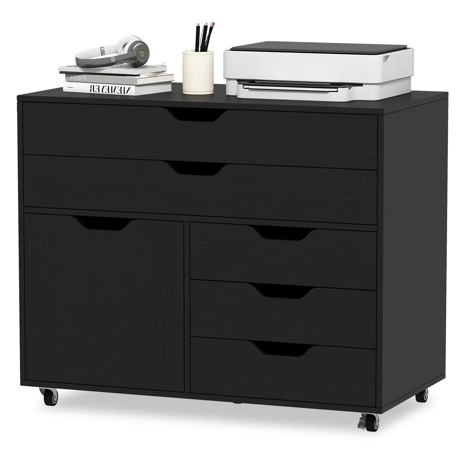 Modern Vertical 5-Drawer Mobile Chest with Door 5 Casters by DirectDeals