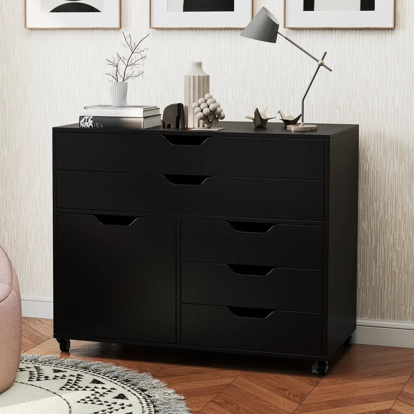 Modern Vertical 5-Drawer Mobile Chest with Door 5 Casters by DirectDeals