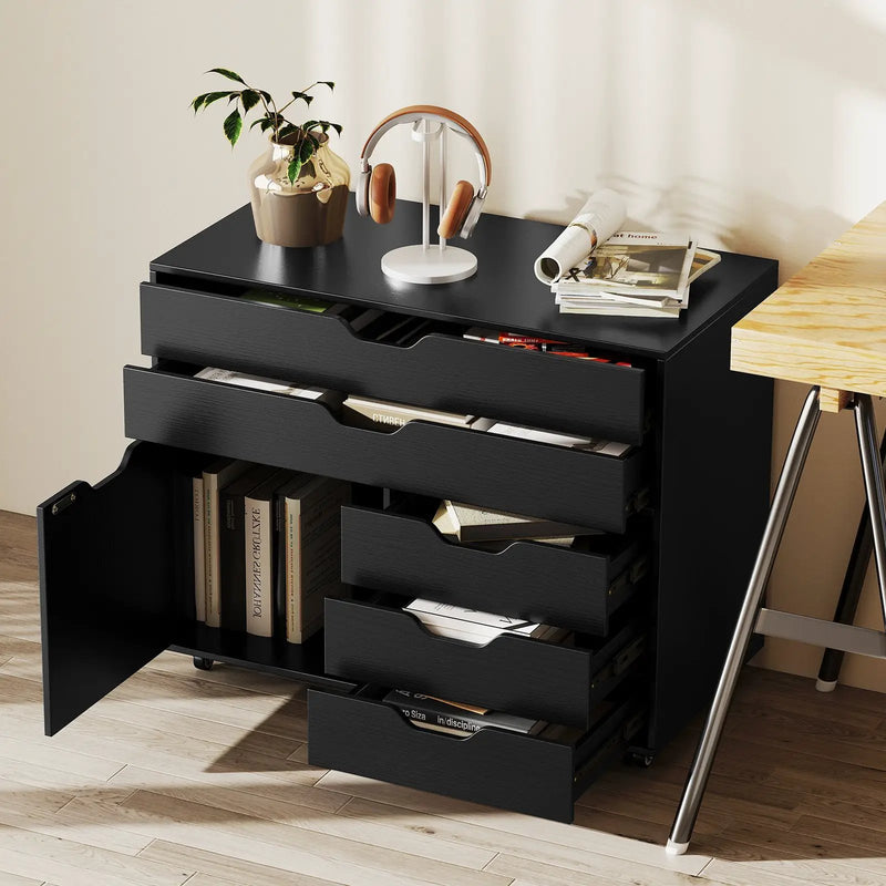 Modern Vertical 5-Drawer Mobile Chest with Door 5 Casters by DirectDeals