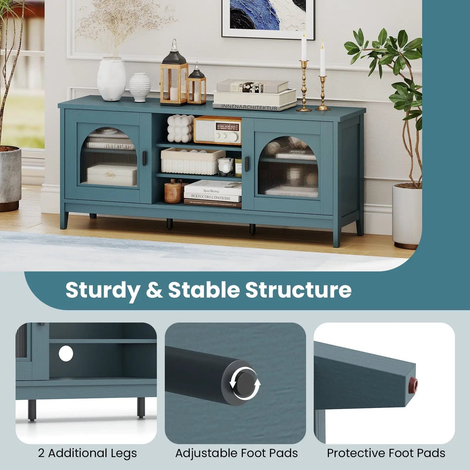 Modern Vintage TV Cabinet with Adjustable Shelves and 2 Cable Holes fo