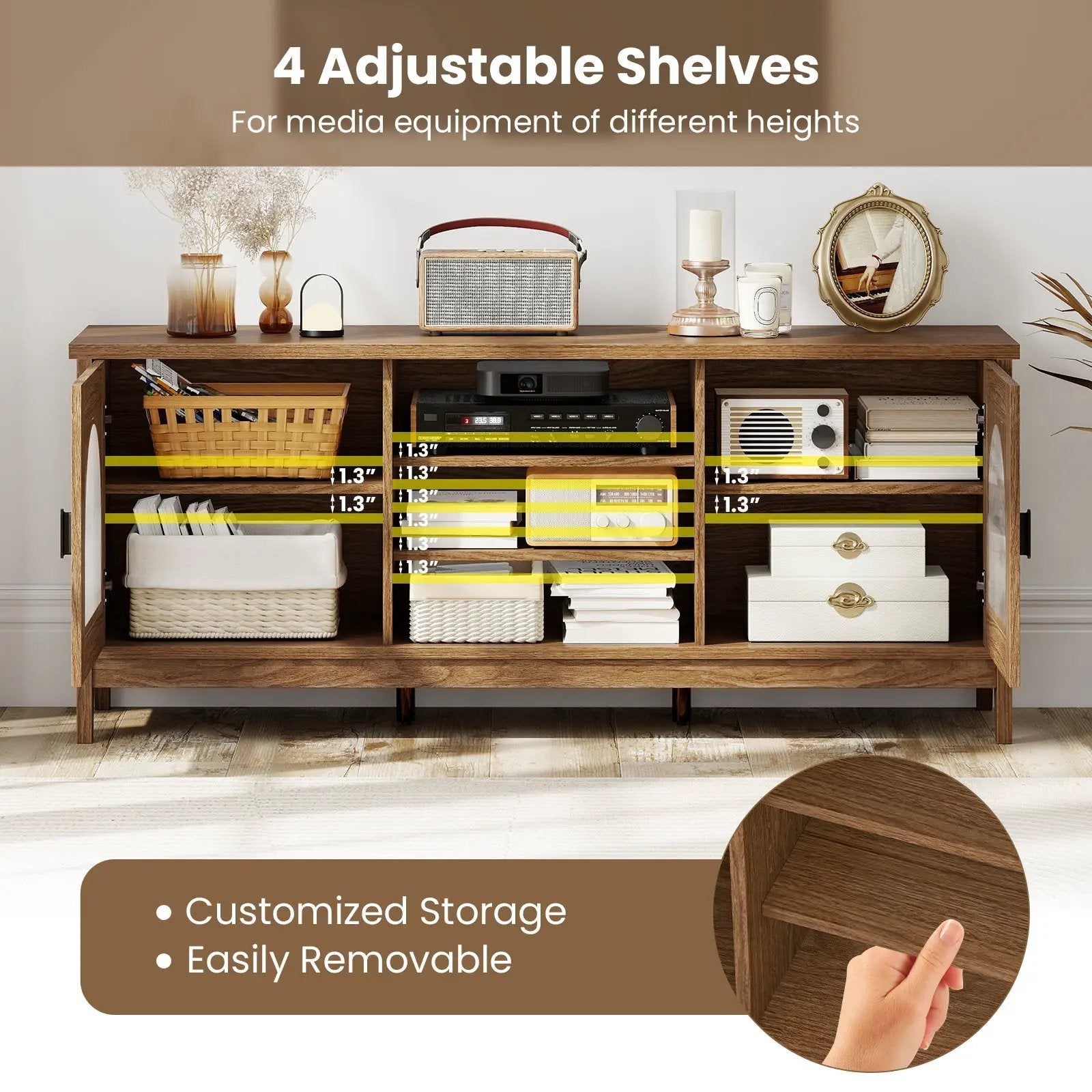 Modern Vintage TV Cabinet with Adjustable Shelves and 2 Cable Holes fo