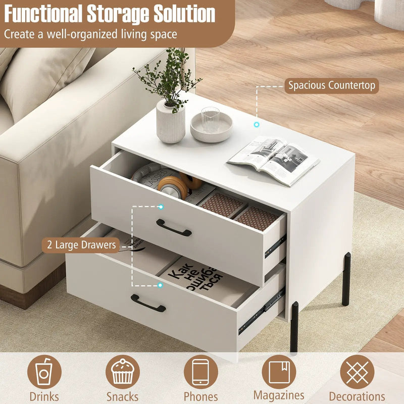 Modern Wooden 2-Drawer Nightstand with Metal Legs and Handles-White by DirectDeals