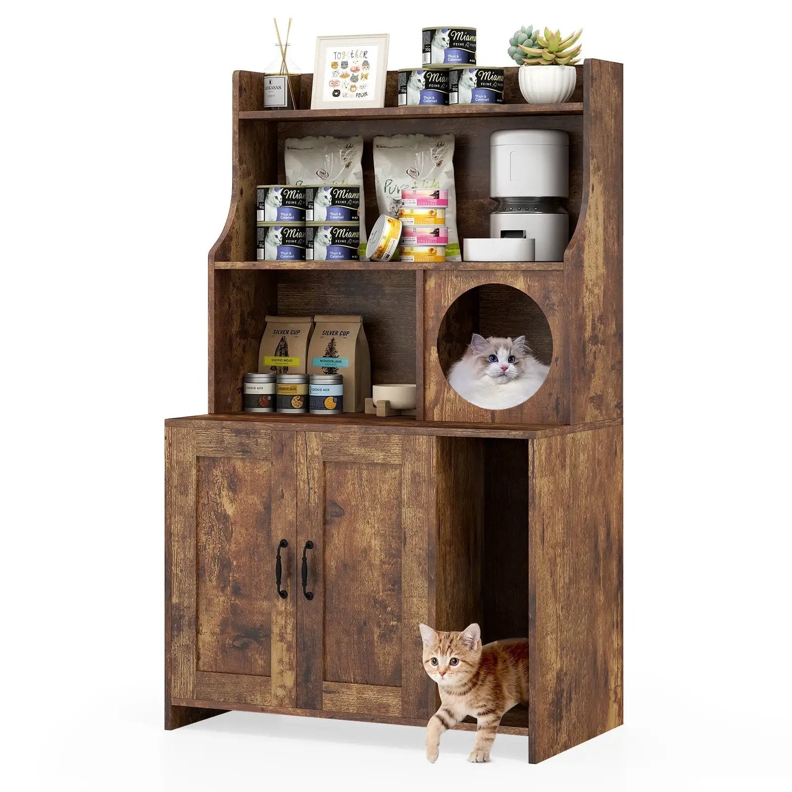 Modern Wooden Industrial Cat Litter Box Enclosure with Storage Shelves-Brown by DirectDeals