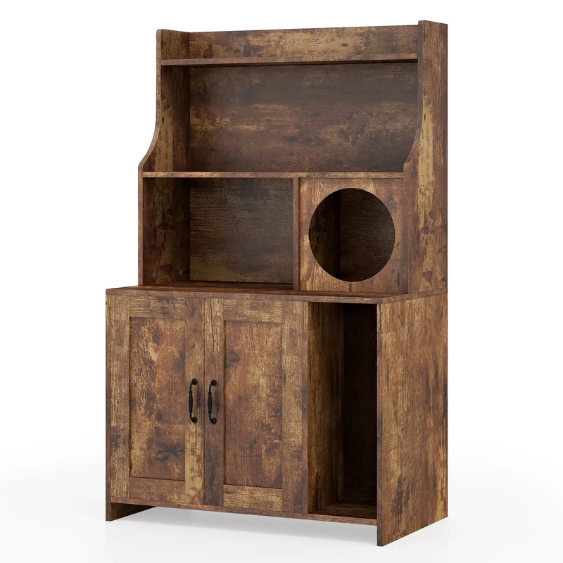 Modern Wooden Industrial Cat Litter Box Enclosure with Storage Shelves-Brown by DirectDeals