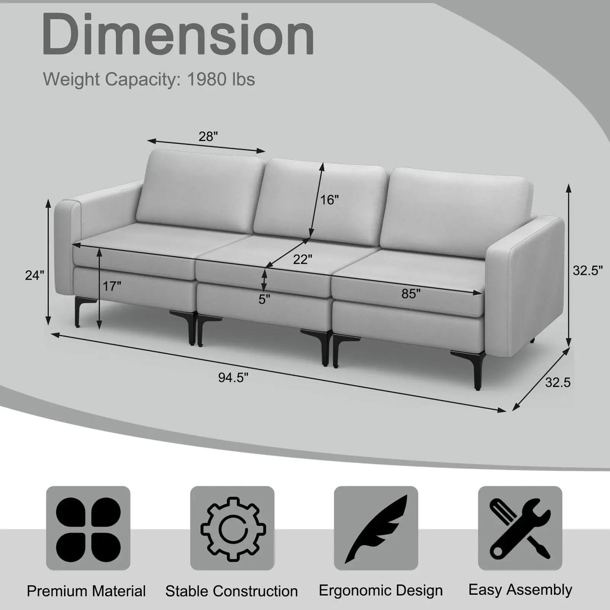 3-Seat Sectional Sofa Couch with Armrest Magazine Pocket and Metal Leg by DirectDeals
