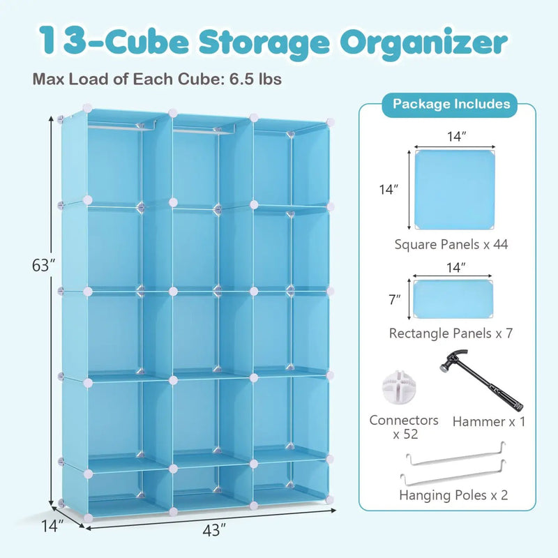 13-Cube Modular Kids Wardrobe with Hanging Rod and Shelves by DirectDeals