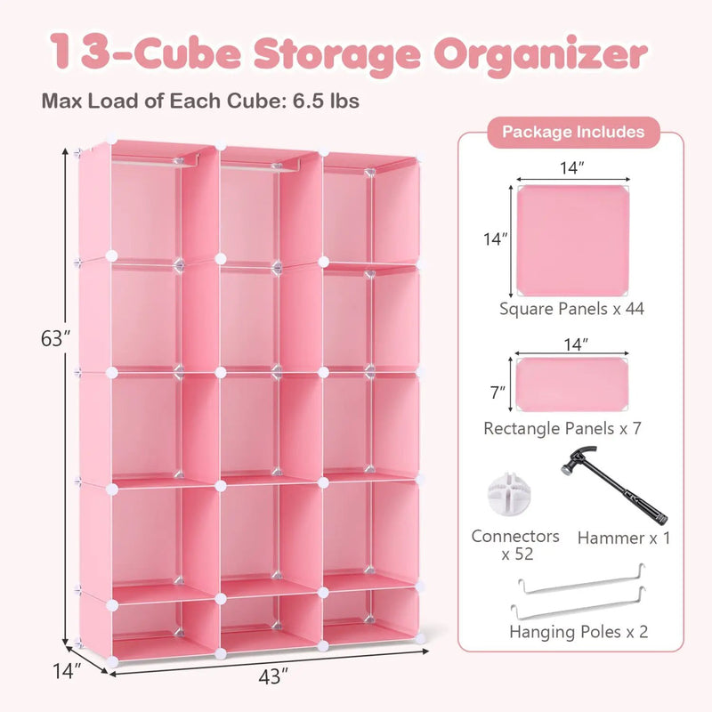 13-Cube Modular Kids Wardrobe with Hanging Rod and Shelves by DirectDeals