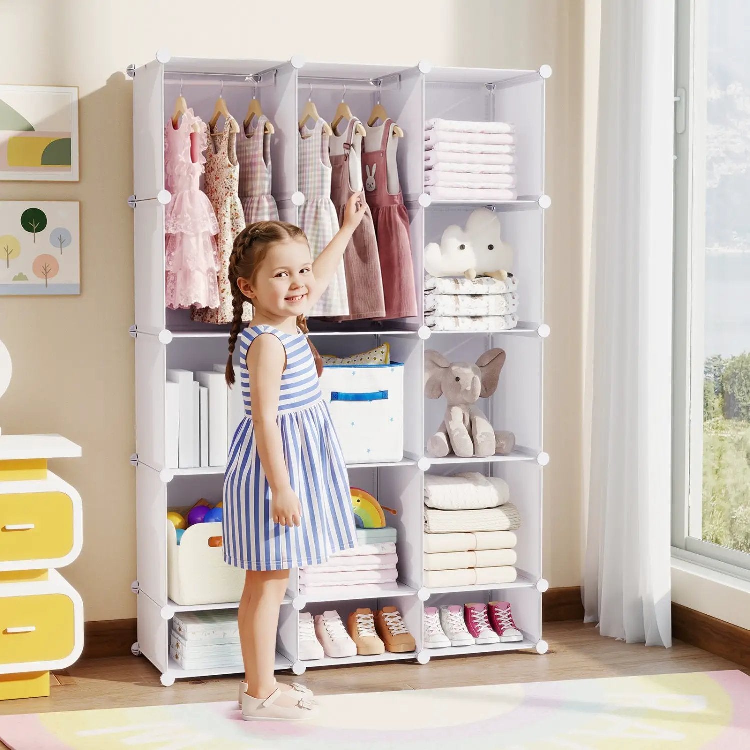 13-Cube Modular Kids Wardrobe with Hanging Rod and Shelves by DirectDeals