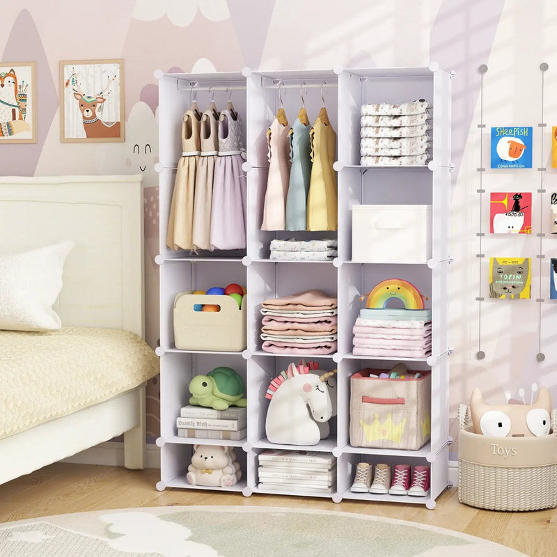 13-Cube Modular Kids Wardrobe with Hanging Rod and Shelves by DirectDeals