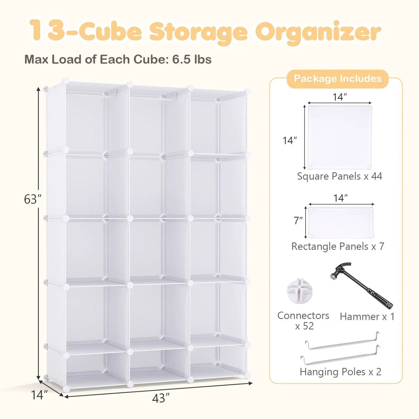 13-Cube Modular Kids Wardrobe with Hanging Rod and Shelves by DirectDeals