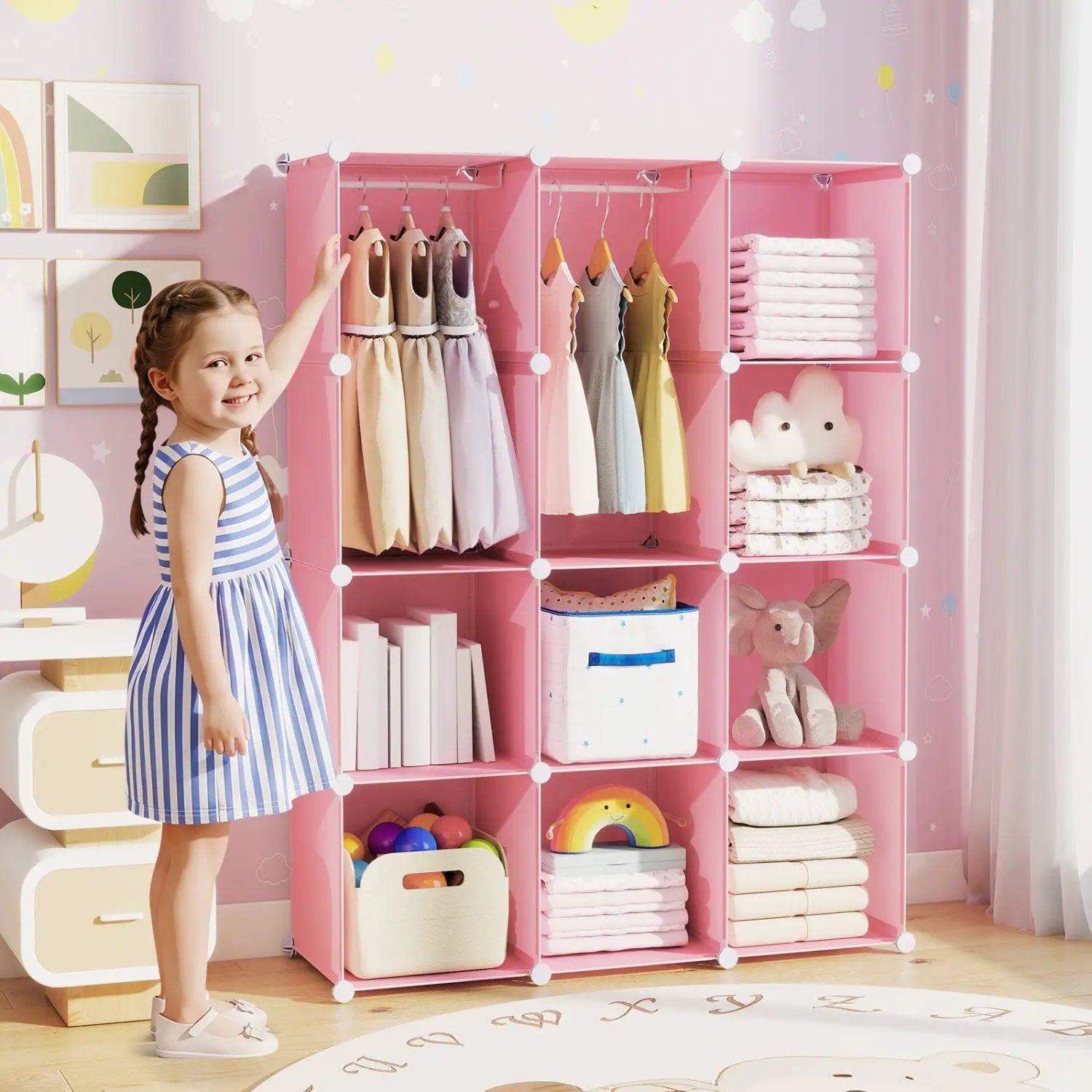 Modular Kids Wardrobe with 10 Cubes & Hanging Rod by DirectDeals