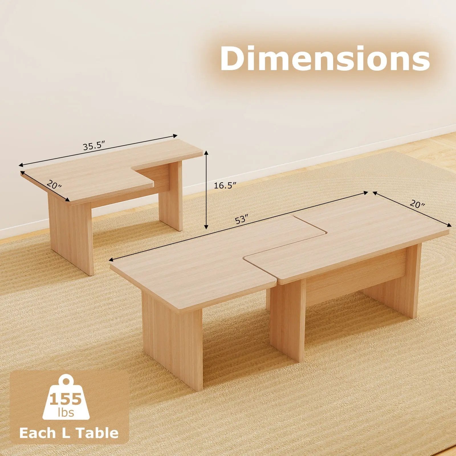 Modular Coffee Table Set of 2 L Shaped Center Tables for Small Space by DirectDeals