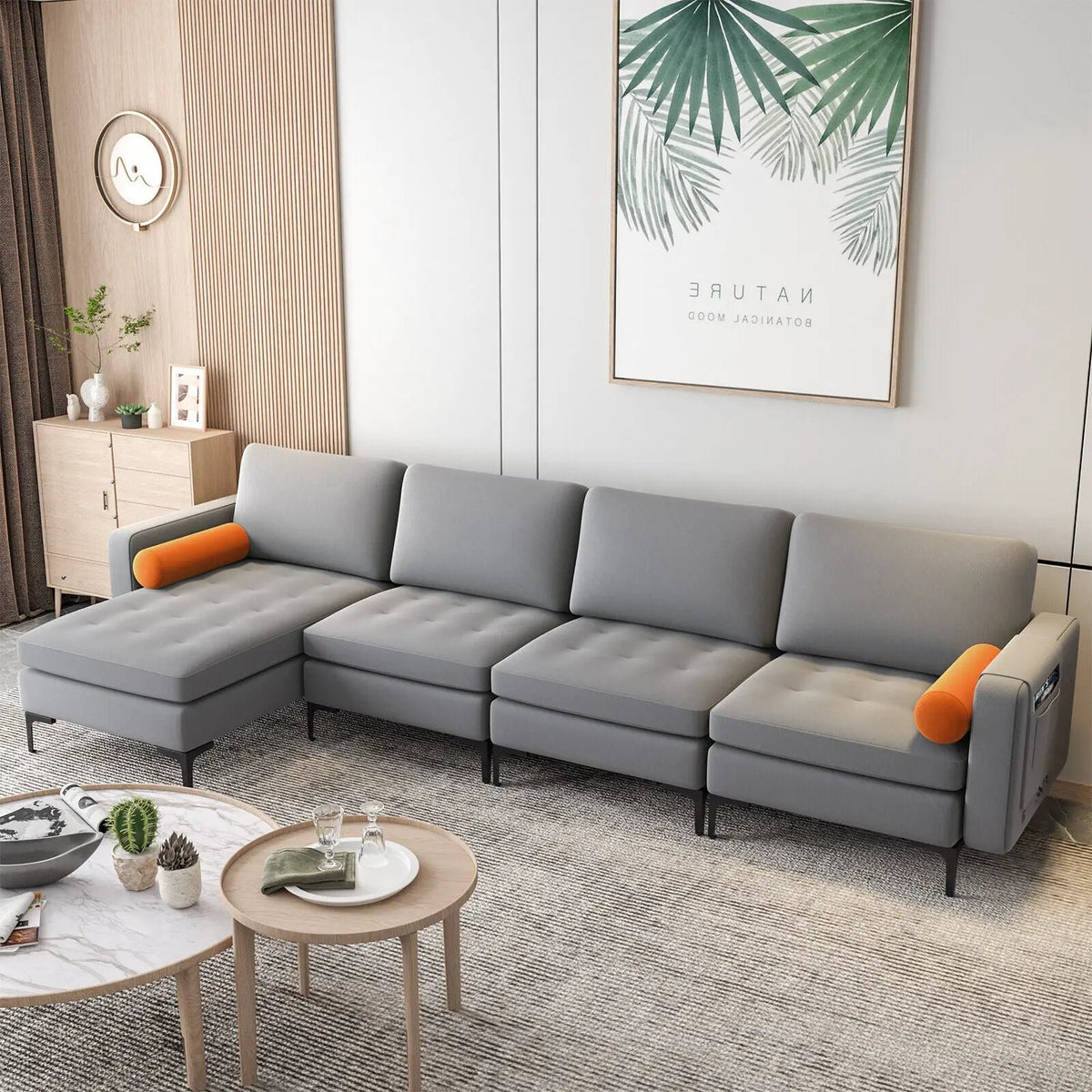 Modular L-shaped 4-Seat Sectional Sofa with Reversible Chaise and 2 USB Socket by DirectDeals