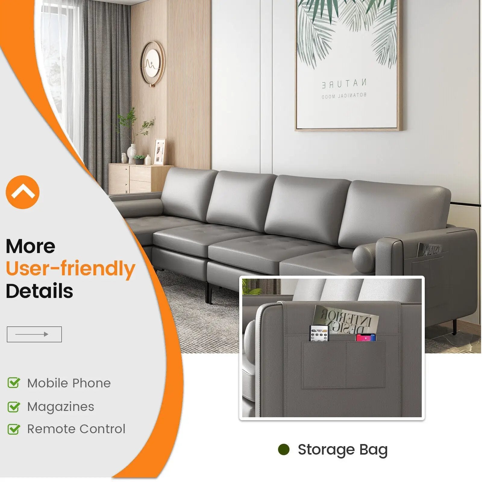 Modular L-shaped 4-Seat Sectional Sofa with Reversible Chaise and 2 USB Socket by DirectDeals
