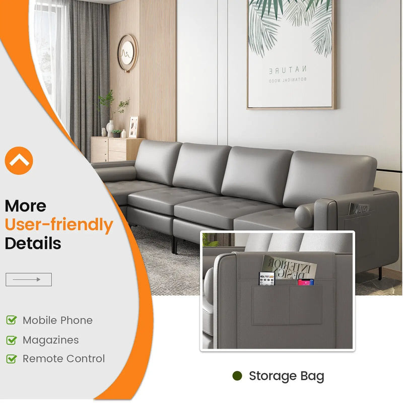 Modular L-shaped 4-Seat Sectional Sofa with Reversible Chaise and 2 USB Socket by DirectDeals