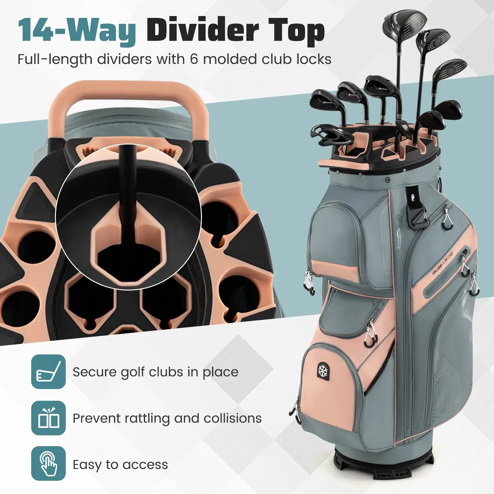 Molded Lock Top Golf Cart Bag with 14-Way Full Length Dividers and 11 Pockets by DirectDeals