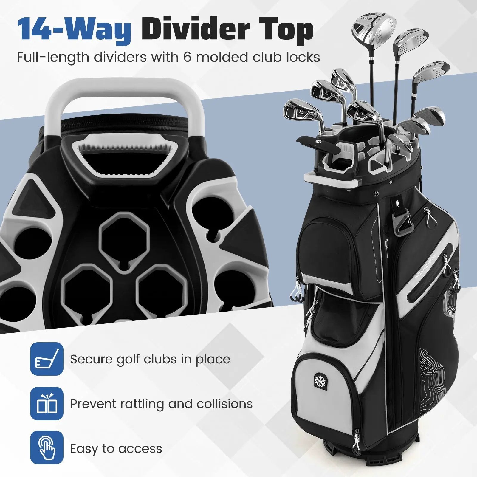Molded Lock Top Golf Cart Bag with 14-Way Full Length Dividers and 11 Pockets by DirectDeals
